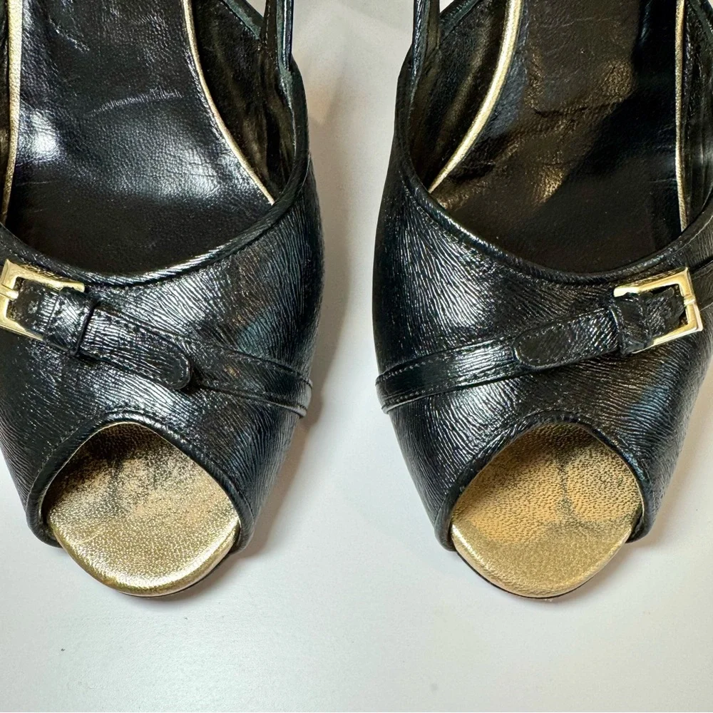 Fendi Black Leather Peep Toe D’Orsay Pumps W Gold Buckle Accents, Size 39